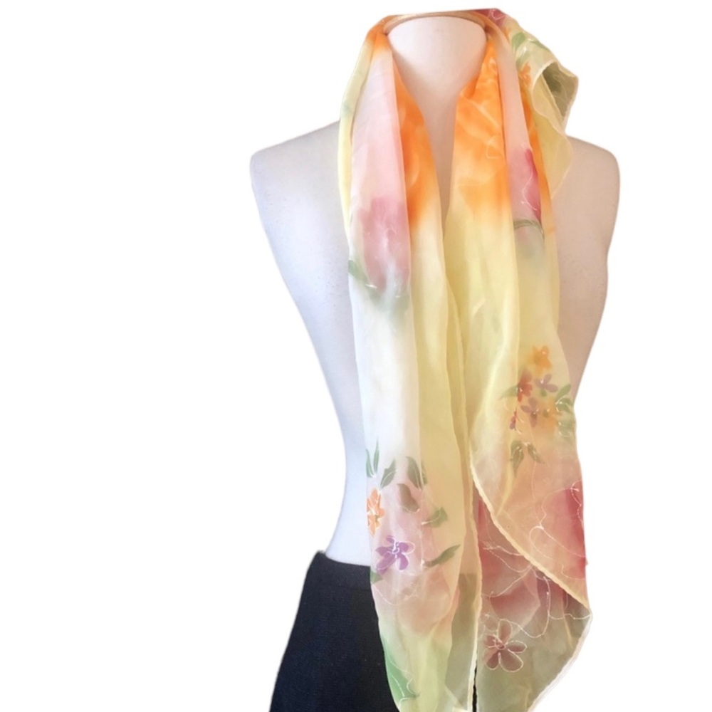 XL 1970’s Floral Sheer Scarf Wrap in Yellow Orange Reds, 36” x 36”
